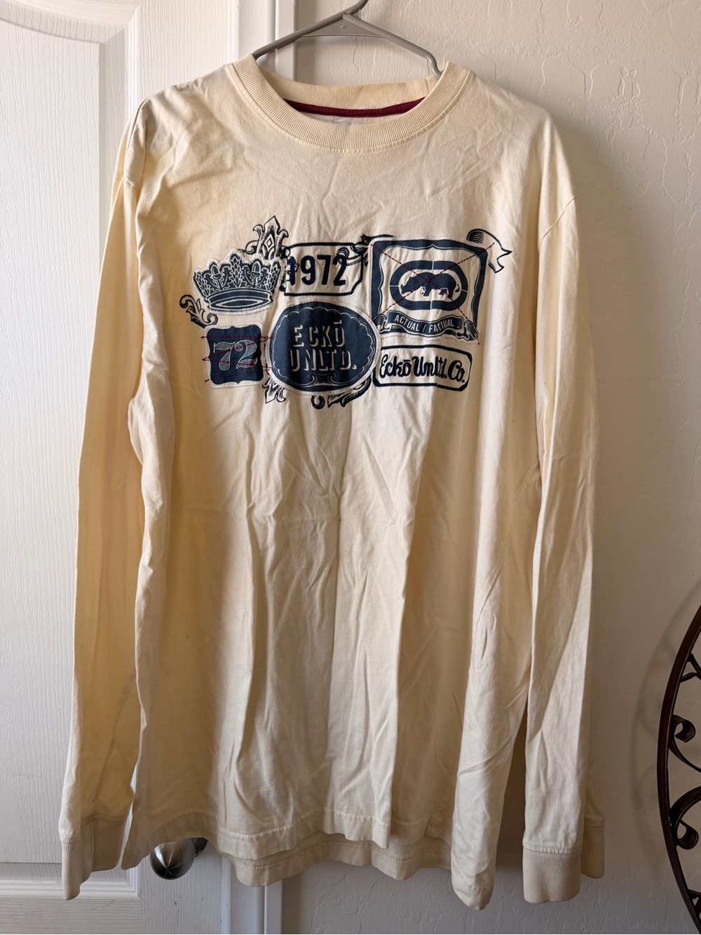 Ecko Unlimited Cream Long-Sleeve Graphic Tee with Navy Accents
